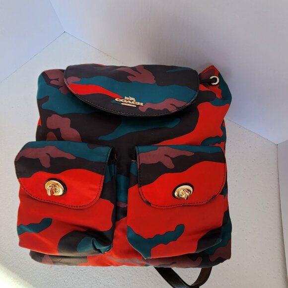 RARE Coach nylon backpack/daypack F11848 in colorful camo with leather straps - Picture 8 of 14